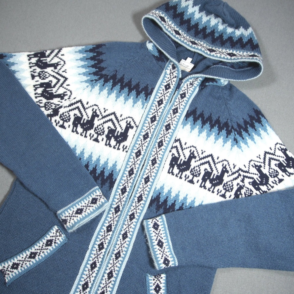 Alpaca Warehouse Alpaca Yarn Fair Isle Llama Knit Hooded Zip Sweater Men M Folk